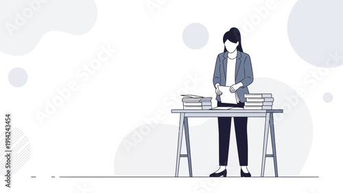 Businesswoman organizing documents at desk with stacks of books
