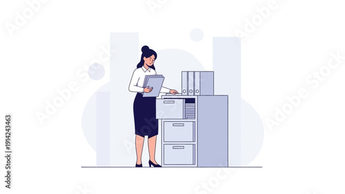 Businesswoman organizing files in office archive, modern flat illustration