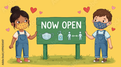 Two children wearing face masks holding a now open sign with heart symbols around them, indicating a safe and welcoming environment for customers.