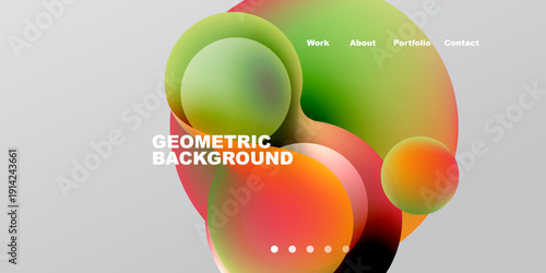 Abstract colorful shapes overlap. Gradient hues blend, creating dynamic visual effect. Text elements present website navigation options.