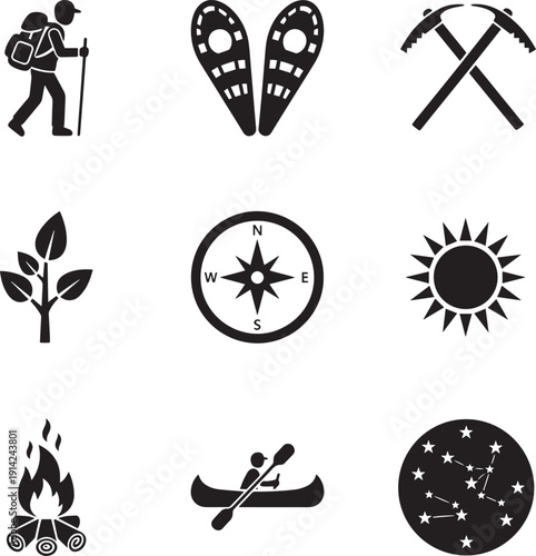“Outdoor Adventure Icon Set – Hiking, Camping, Navigation & Nature Silhouette Graphics”