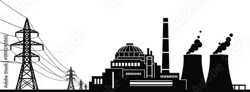 Electric Power Plant and Transmission Tower Silhouette Showing Energy Generation, Industry and Utility Infrastructure Concept