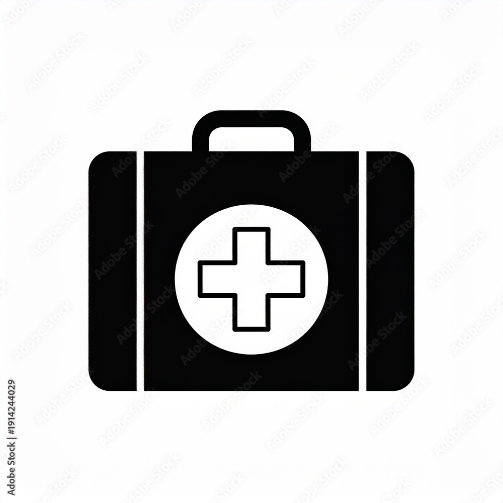 Fototapeta premium Black First Aid Kit Icon with Medical Cross on White Background