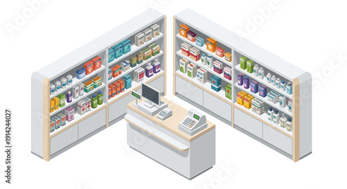 Retail store checkout counter with colorful product displays on shelves