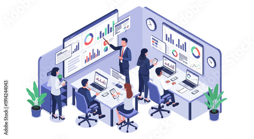 Business team analyzing data on large screens in a modern office environment from an isometric viewpoint