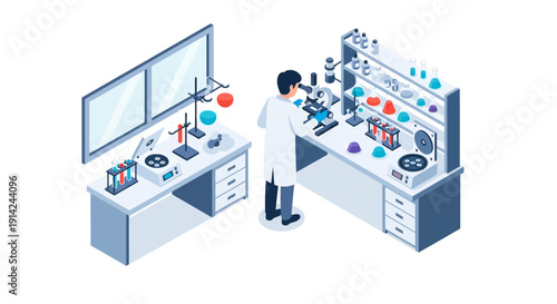 Scientist conducting experiments in a modern laboratory setting with various equipment and chemicals