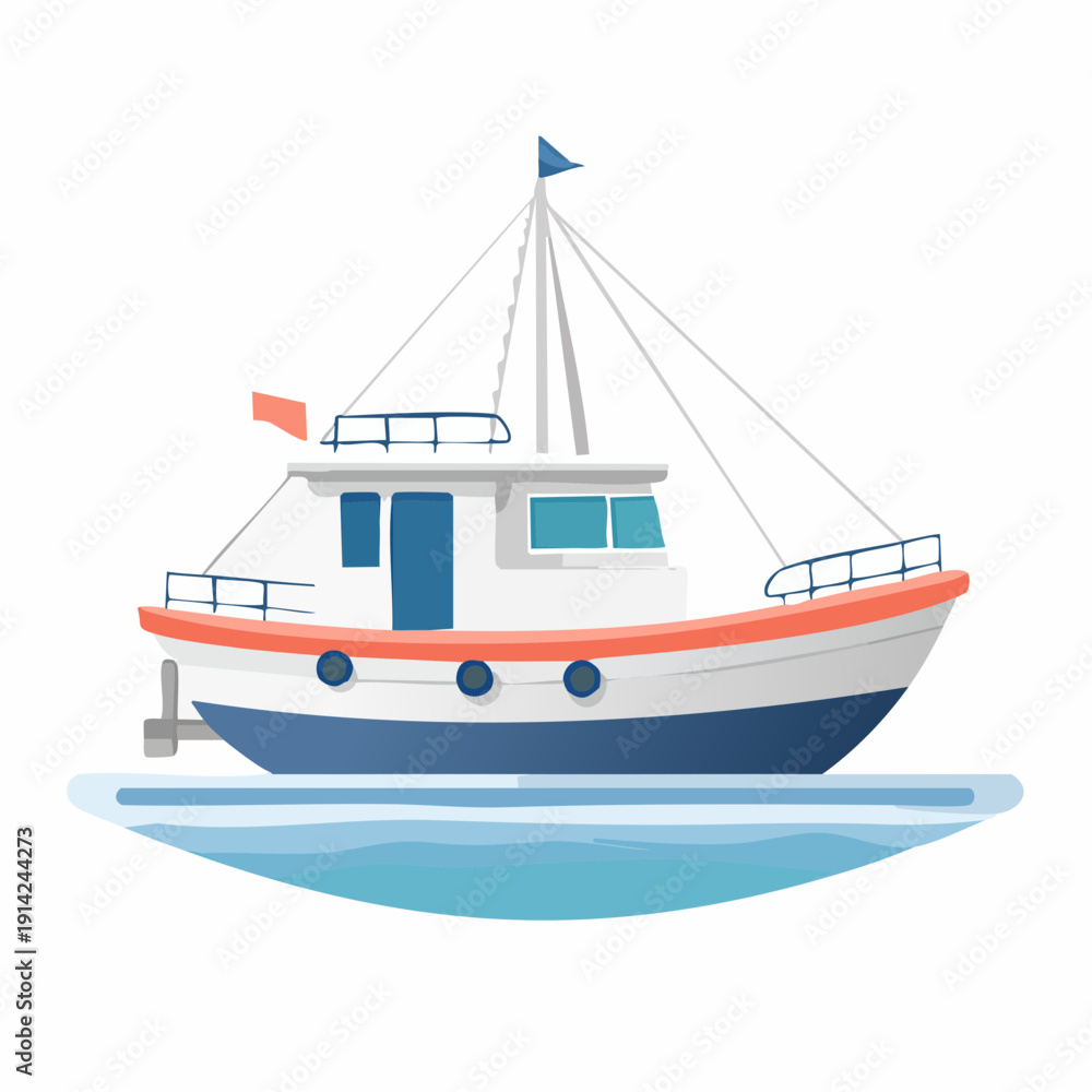 Naklejka premium Fishing boat sailing on blue water, illustration for fishing or nautical themes