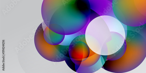 Abstract colorful circles overlap, creating vibrant gradients. Background transitions from black to white. Modern design element.