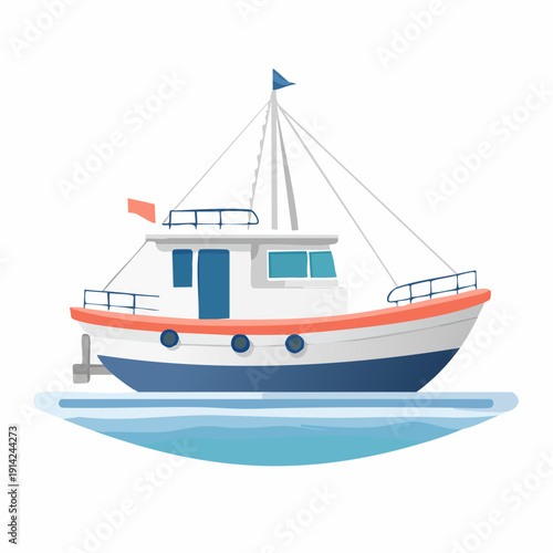 Fishing boat sailing on blue water, illustration for fishing or nautical themes