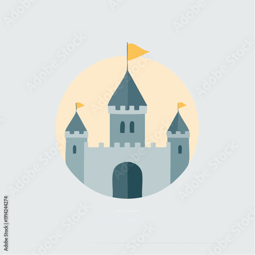 A cartoon castle with yellow flags and grey walls is depicted in a circle