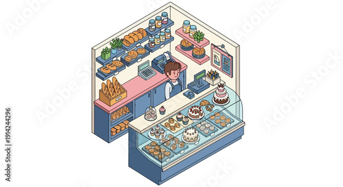 Isometric view of a vibrant candy store with colorful sweets and treats on display