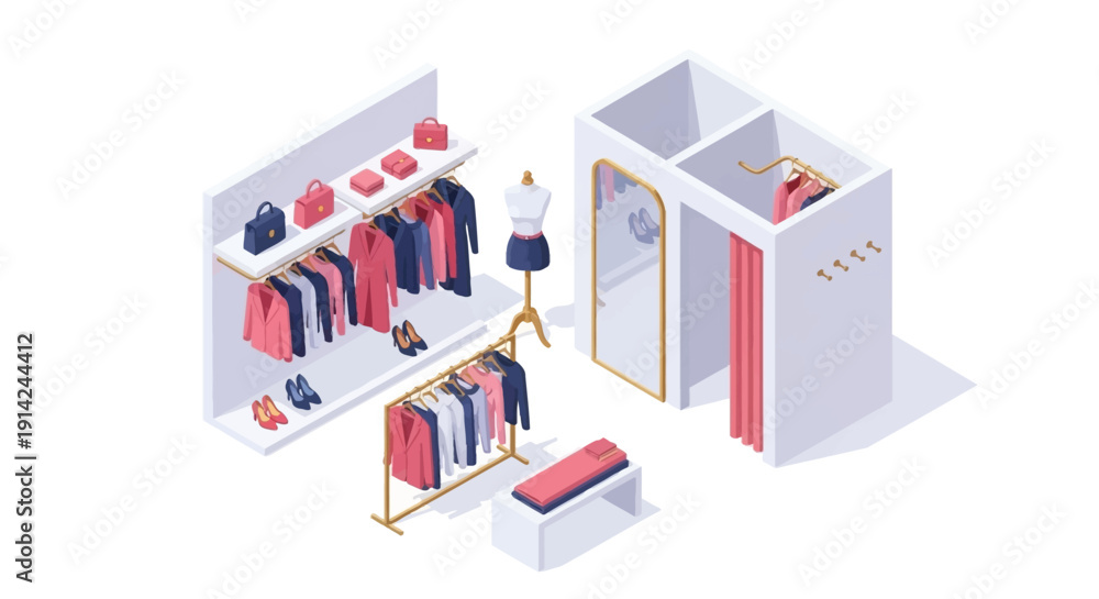 Obraz premium Clothing store display with mannequin and assorted garments in a retail environment viewed from above