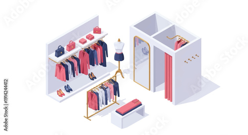 Clothing store display with mannequin and assorted garments in a retail environment viewed from above