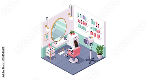 Isometric illustration of a woman getting a facial treatment in a serene salon environment from an aerial viewpoint