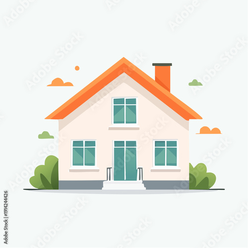 Simple Flat Design House Exterior With Orange Roof and Green Bushes