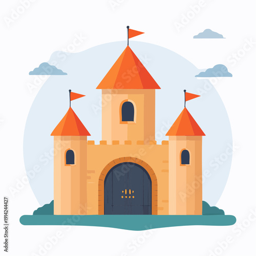 A Cartoon Castle with Orange Turrets and Flags, a Gateway, and Surrounding Greenery