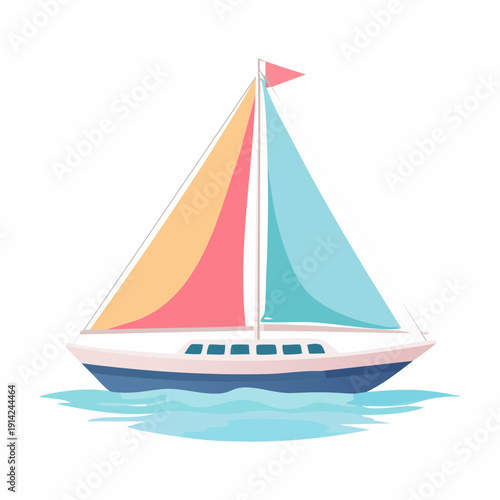 Vibrant Cartoon Sailboat Floating Serene Water with Multicolored Sails Representing Leisure and Journey Illustration