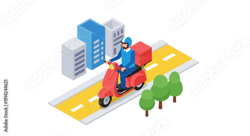 Delivery person riding scooter on urban road with buildings and trees