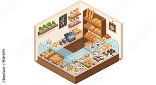Isometric illustration of a bakery shop interior with pastries and bakery products on display
