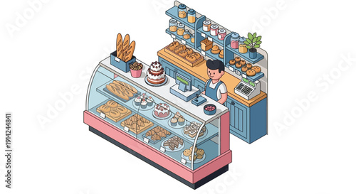 Isometric illustration of a bakery display case with baker arranging pastries and desserts