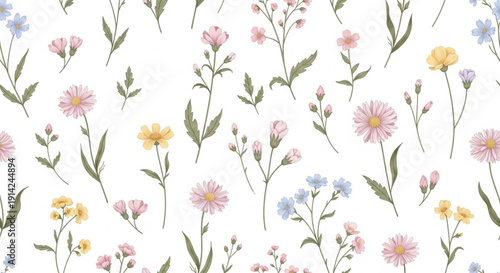 Delicate Pastel Wildflower Seamless Pattern Botanical Floral Background