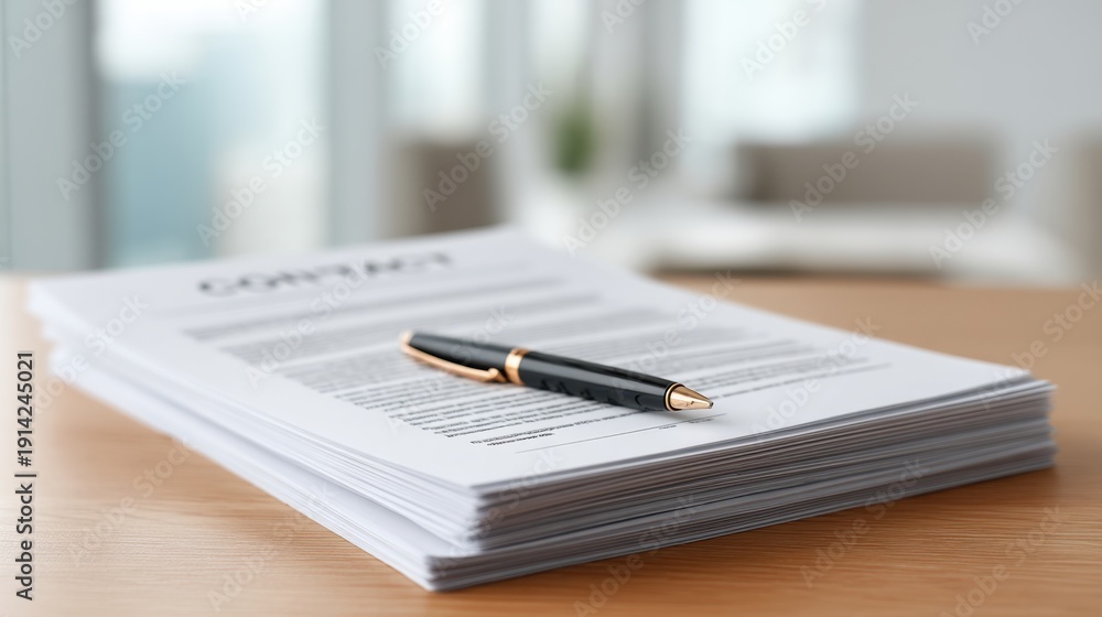 Fototapeta premium Professional contract document with a fountain pen placed elegantly on top, symbolizing agreement and business partnership in a modern office setting