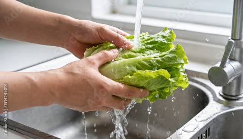 Hands rinsing fresh lettuce under running water in a kitchen sink.