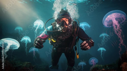 Wallpaper Mural A captivating underwater scene featuring a scuba diver surrounded by luminous jellyfish. Illustrate ocean exploration, marine biology, or peaceful solitude. Ideal for educational and commercial use Torontodigital.ca