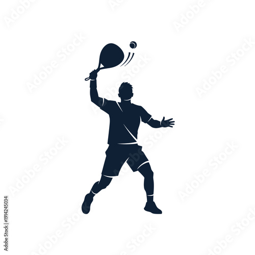 Silhouette of a man playing tennis, hitting the ball with a racket, dynamic action shot