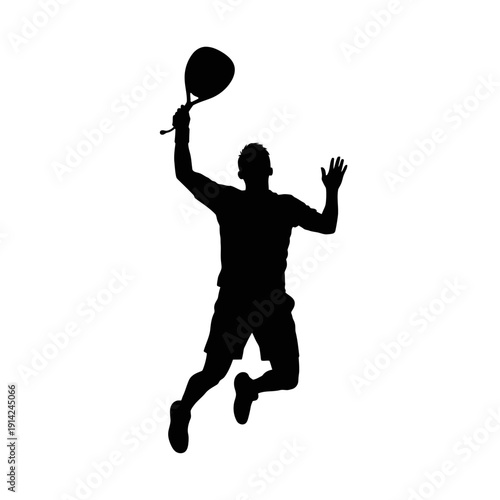 Silhouette of a man playing tennis, jumping to hit the ball with a racket.