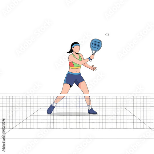 Woman playing padel tennis, hitting ball over net on court, active lifestyle, sports concept