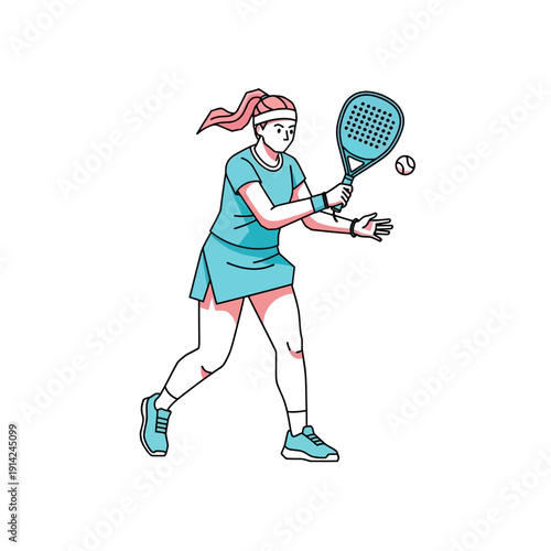 Woman playing padel tennis, hitting ball with racket, athletic woman in sportswear, active lifestyle