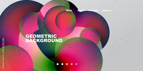 Abstract colorful circles overlap black background. Menu options present. Geometric design suitable website header or banner.