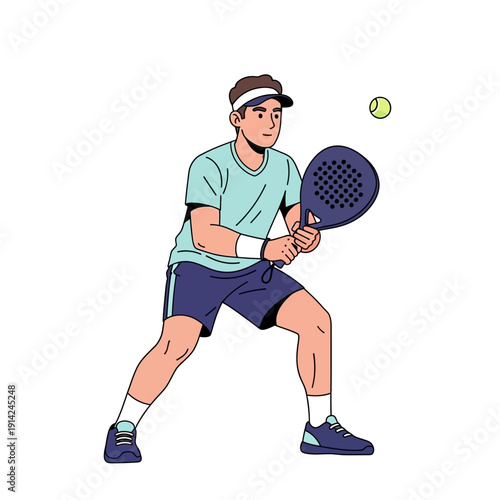 Man playing padel tennis, hitting ball with racket, sports action, outdoor game, healthy lifestyle