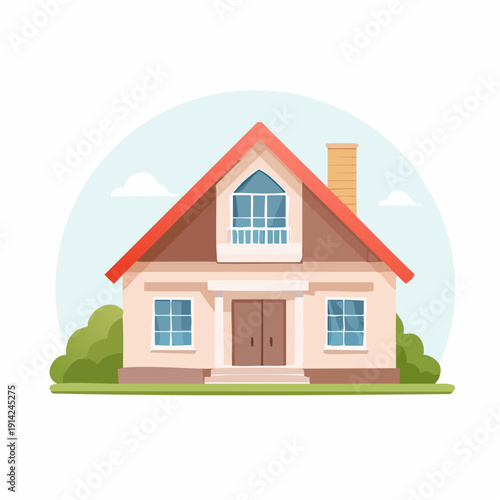Vector illustration of a cozy, detached house with a red roof and green bushes