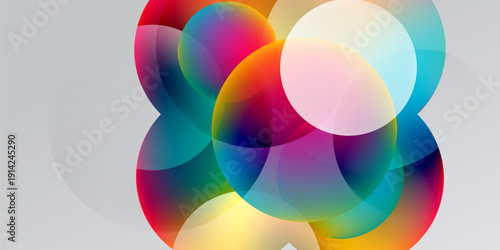 Colorful overlapping circles create abstract design. Gradient hues blend, forming vibrant visual composition. Soft glow enhances effect.