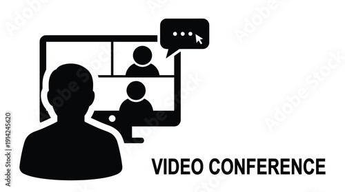 A silhouette of a person engaging in a video conference with two others on a screen, representing remote communication and teamwork in a modern digital setting.