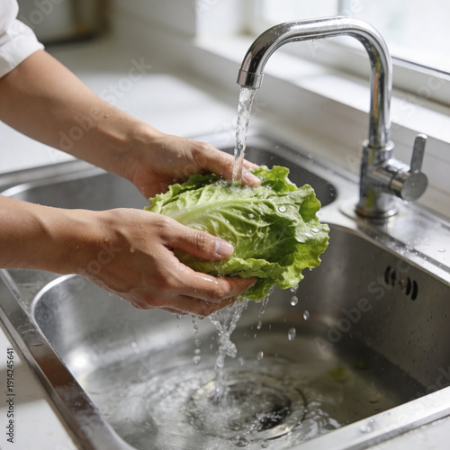 A person is washing fresh green lettuce under running water in a kitchen sink, ensuring it is clean and safe for consumption.
