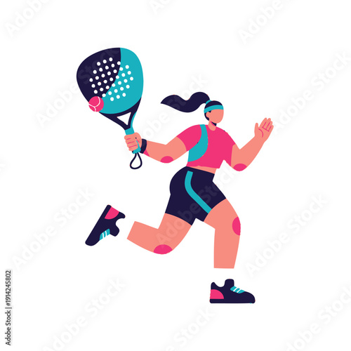 Woman playing padel tennis sport, running with racket and ball, active lifestyle, outdoor sport