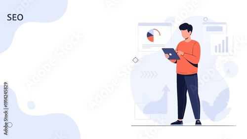 Man analyzing SEO data on tablet with charts and graphs