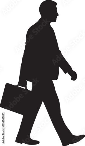 Businessman walking with briefcase silhouette representing commute and professional motion toward goal