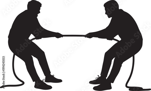 Two men playing tug of war pulling on rope with full effort