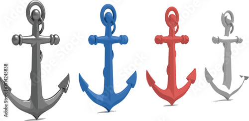 Colorful nautical anchor vector set in hand drawn cartoon style, marine maritime symbols for sailing designs, logos, tattoos, stickers, and prints
