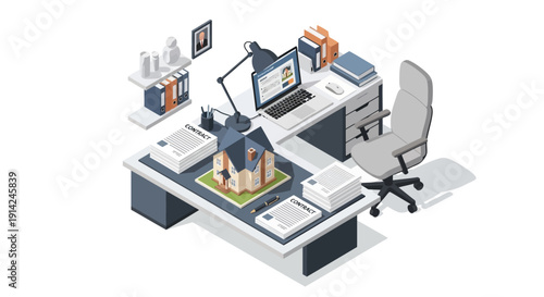 Isometric illustration of a modern office workspace with a desk, computer, and chair