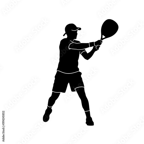 Silhouette of a tennis player hitting a forehand shot, ready to serve, isolated on white