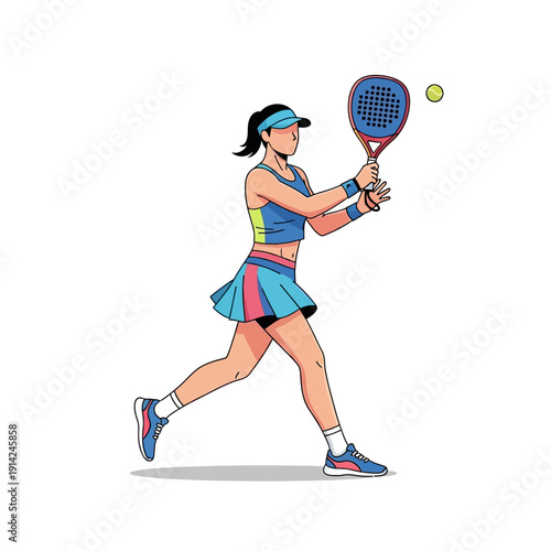 Woman playing padel tennis, hitting ball with racket, active lifestyle, sports concept