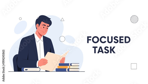 Man Focused on Reading Book, Studying or Working at Desk with Books