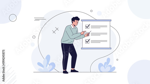 Man checking off tasks on a whiteboard, business planning concept