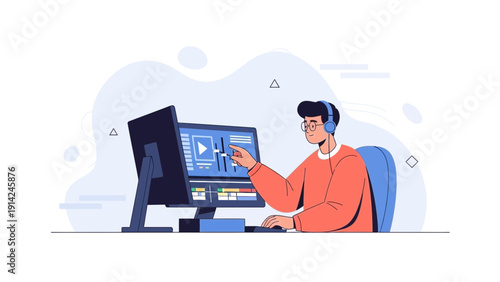 Man Editing Video on Computer with Headphones, Digital Media Creation