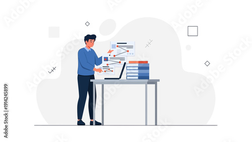 Man organizing documents and data on a laptop at a desk